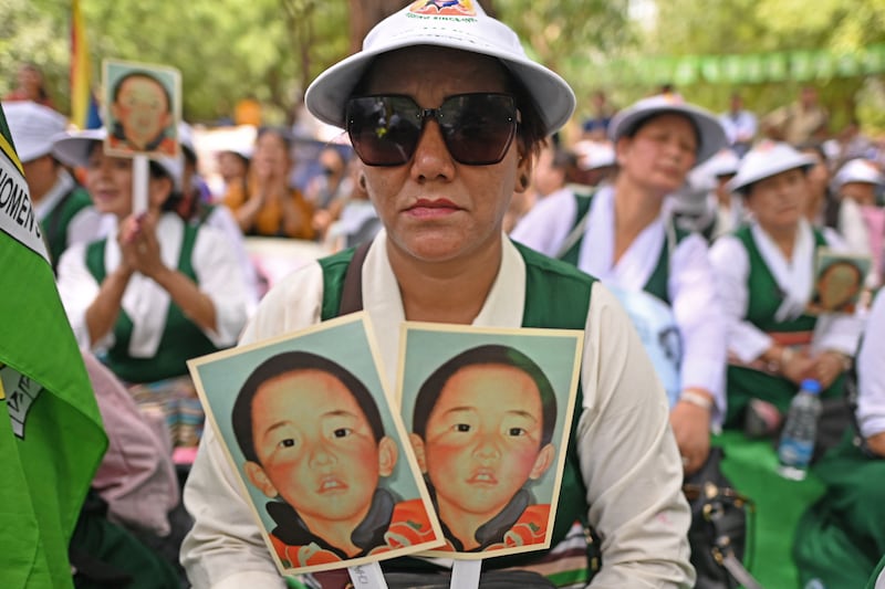 Activists and members of the Tibetan Women's Association (Central) living in exile, take part in a protest against the disappearance of 11th Panchen Lama Gedhun Choekyi Nyima, in New Delhi on May 17, 2023.