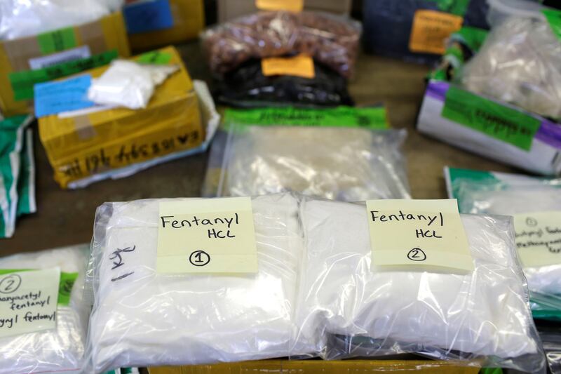 Plastic bags of fentanyl are displayed on a table at the U.S. Customs and Border Protection area at the International Mail Facility at O'Hare International Airport in Chicago, Illinois, U.S. Nov. 29, 2017.
